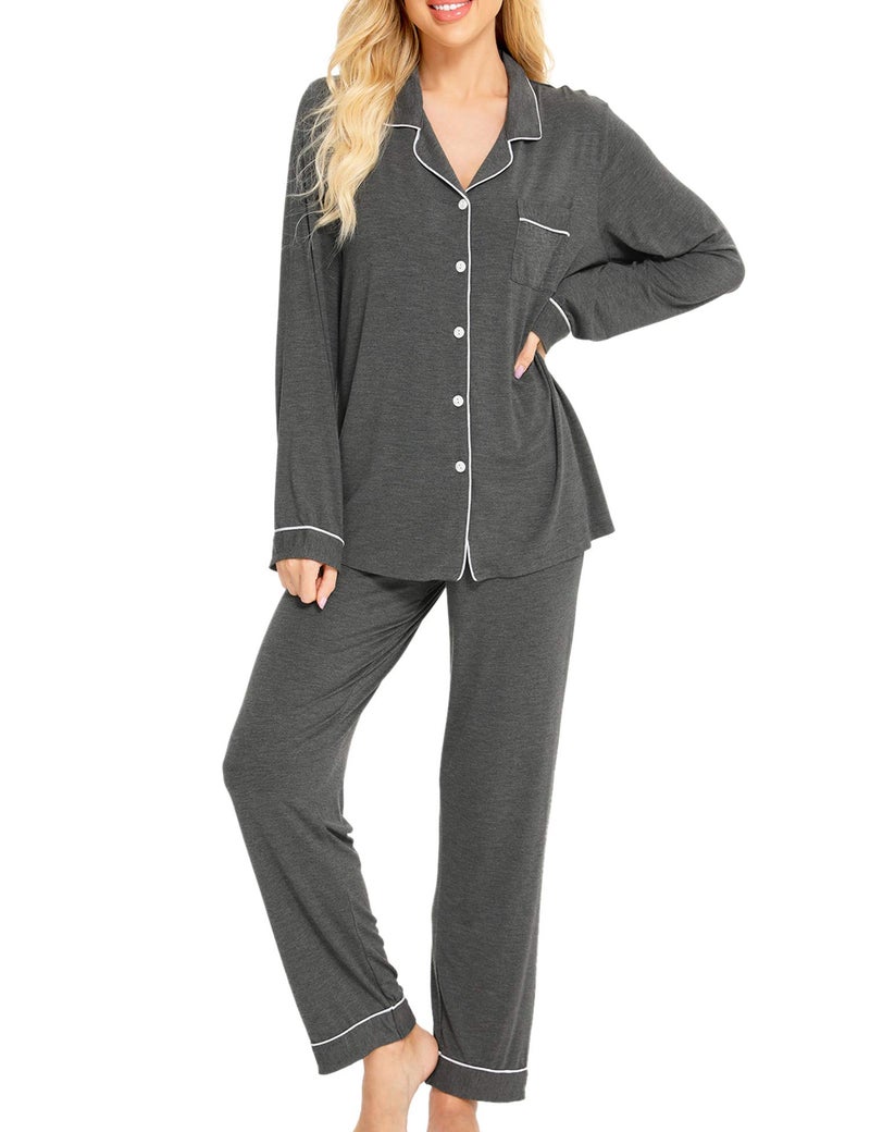 SWOMOG Womens Pajamas Set Long Sleeve Sleepwear Button Down Nightwear Soft PJs Sets with Pockets Lounge Sets Deep Grey - Image 2